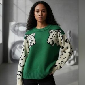 Green White Leopard Cowl Neck Intarsia Knit Sweater